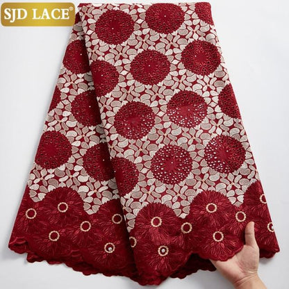 SJD LACE African Dry Lace Fabric With Stones 5Yards Garment Materials Swiss Voile Lace In Switzerland For Nigerian Man Sew A2373