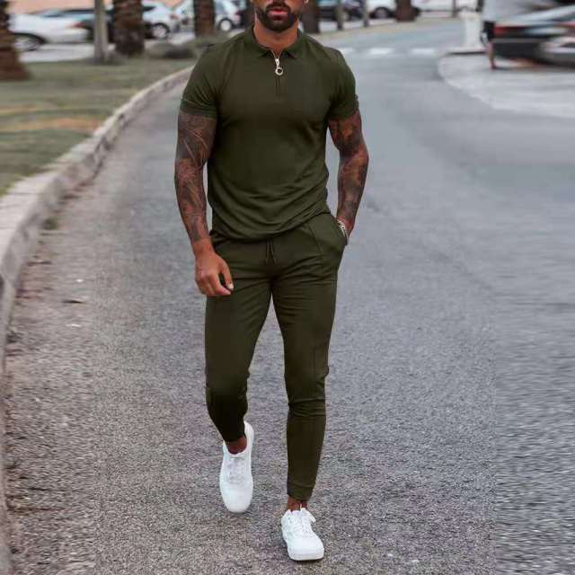 Nou costum din două piese pentru bărbați, la modă, cu fermoar, cămașă POLO + pantaloni, cusături, imprimeu ocazional, jogger, trening, set de hanorace pentru haine pentru bărbați