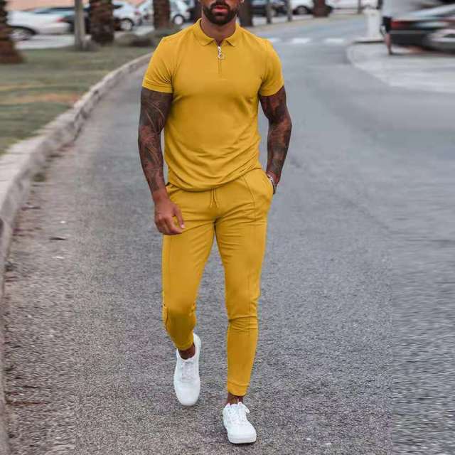 Nou costum din două piese pentru bărbați, la modă, cu fermoar, cămașă POLO + pantaloni, cusături, imprimeu ocazional, jogger, trening, set de hanorace pentru haine pentru bărbați