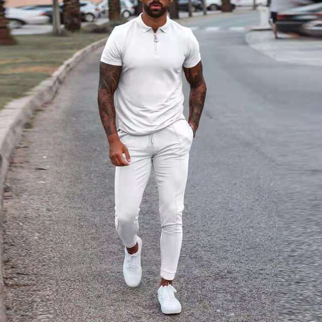 Nou costum din două piese pentru bărbați, la modă, cu fermoar, cămașă POLO + pantaloni, cusături, imprimeu ocazional, jogger, trening, set de hanorace pentru haine pentru bărbați