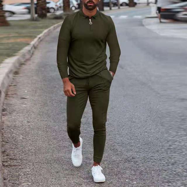 Nou costum din două piese pentru bărbați, la modă, cu fermoar, cămașă POLO + pantaloni, cusături, imprimeu ocazional, jogger, trening, set de hanorace pentru haine pentru bărbați