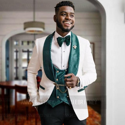 Fashion Lattice Men's Suit Slim Fit Prom Wedding Suits for Men Groom Tuxedo Jacket Pants Set Custom White Casual Men Blazer