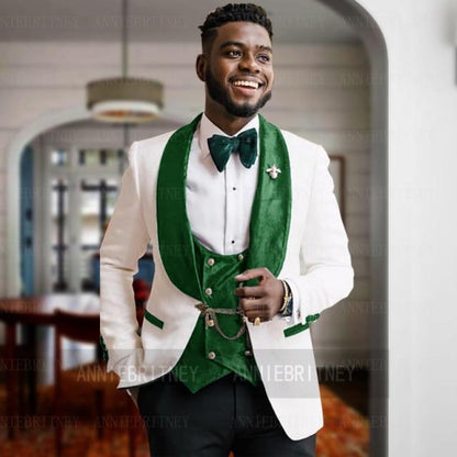 Fashion Lattice Men's Suit Slim Fit Prom Wedding Suits for Men Groom Tuxedo Jacket Pants Set Custom White Casual Men Blazer