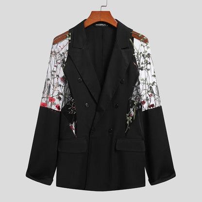 Men Blazer Mesh Patchwork See Through Streetwear Double Breasted Lapel Long Sleeve Outerwear Fashion Men Casual Suits INCERUN