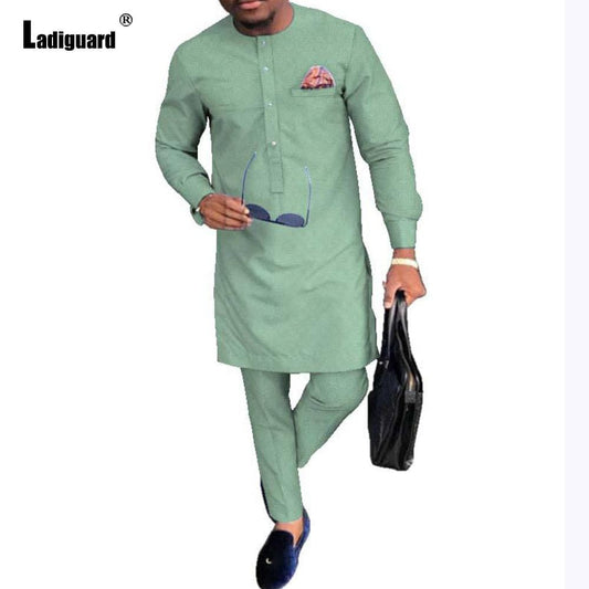 Ladiguard Plus Size 5xl Men Set Muslim Style 2021 Long Blouse and Straight Pants Mens Fashion Two Piece Outfits ropa hombre