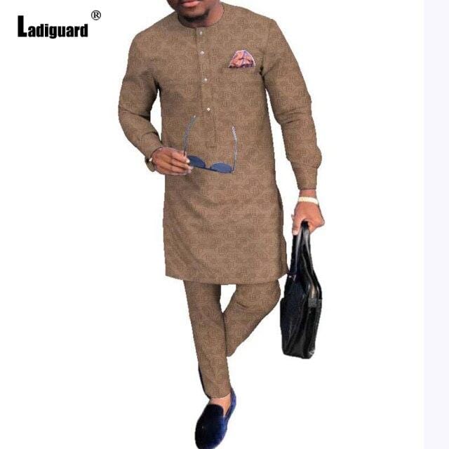 Ladiguard Plus Size 5xl Men Set Muslim Style 2021 Long Blouse and Straight Pants Mens Fashion Two Piece Outfits ropa hombre
