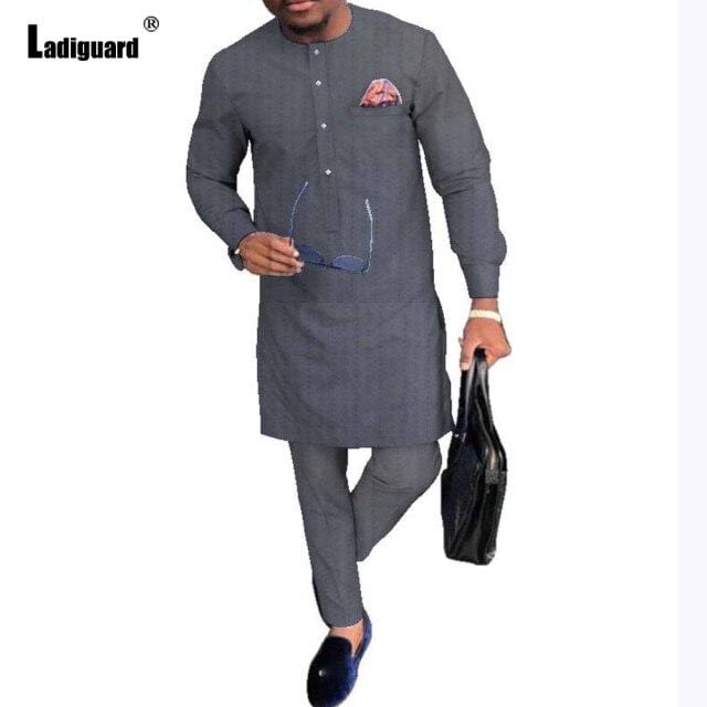 Ladiguard Plus Size 5xl Men Set Muslim Style 2021 Long Blouse and Straight Pants Mens Fashion Two Piece Outfits ropa hombre