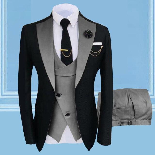 Nouă rochie de mireasă la modă, cu design de lux, 3 piese, costum pentru bărbați, slim fit, la un singur piept, smoking, blazer masculin de înaltă calitate