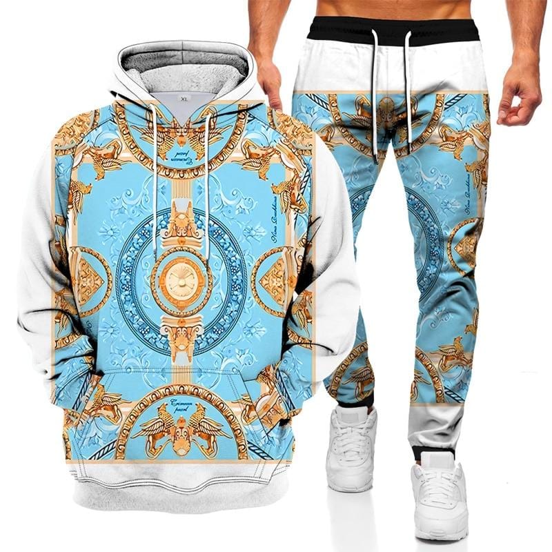 Fashionable Men's Sweater Hoodie Sports Suit 3D Geometric Graphic Printed Casual Loose Long Sleeve Pants Set Two-piece Set