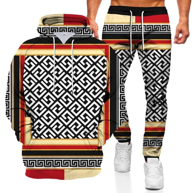 Fashionable Men's Sweater Hoodie Sports Suit 3D Geometric Graphic Printed Casual Loose Long Sleeve Pants Set Two-piece Set