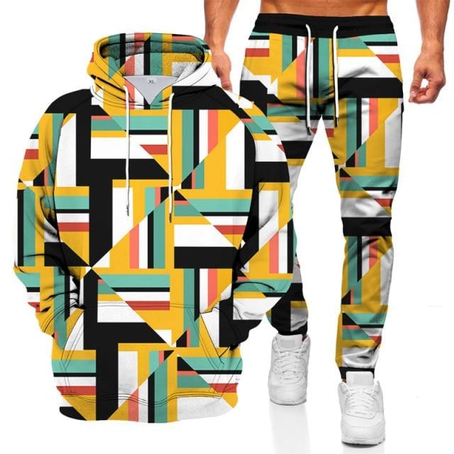 Fashionable Men's Sweater Hoodie Sports Suit 3D Geometric Graphic Printed Casual Loose Long Sleeve Pants Set Two-piece Set