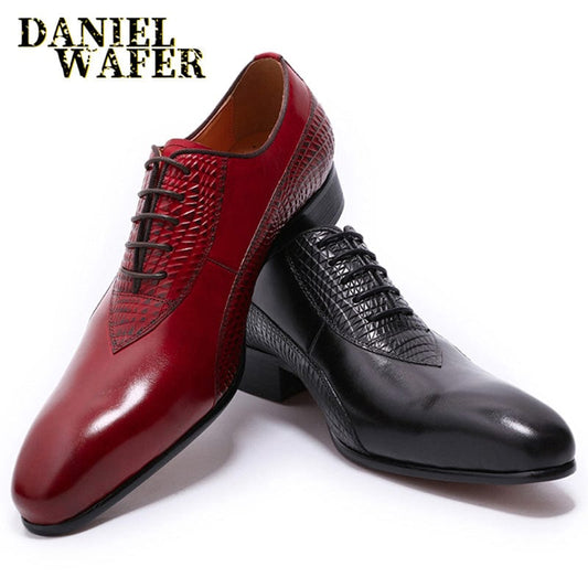 LUXURY MEN GENUINE LEATHER SHOES HAND-POLISHED LACE UP POINTED TOE OFFICE WEDDING FORMAL DRESS BLACK RED SHOES MEN OXFORD SHOES