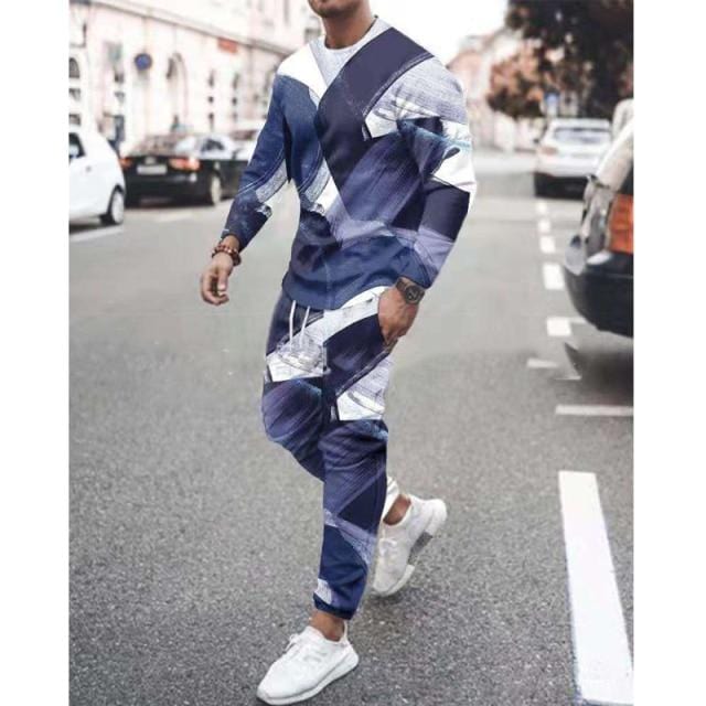 Spring Autumn Men's Set Casual Sportswear Fashion Male Running Suit Men Long-sleeved T-shirt+Sports Trousers 2-Piece Plus Size