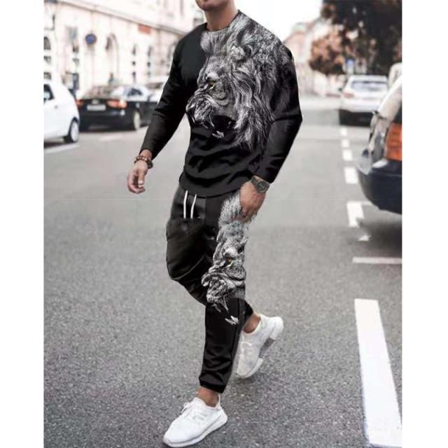 Spring Autumn Men's Set Casual Sportswear Fashion Male Running Suit Men Long-sleeved T-shirt+Sports Trousers 2-Piece Plus Size