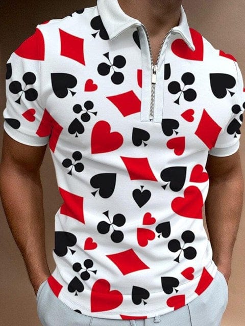 New Summer High Quality Men Polo Shirts High Street Print Casual Short Sleeve Mens Shirts Turn-Down Collar Zipper Polo Shirt Men