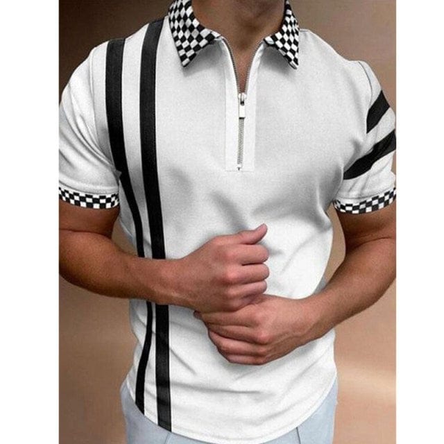 New Summer High Quality Men Polo Shirts High Street Print Casual Short Sleeve Mens Shirts Turn-Down Collar Zipper Polo Shirt Men