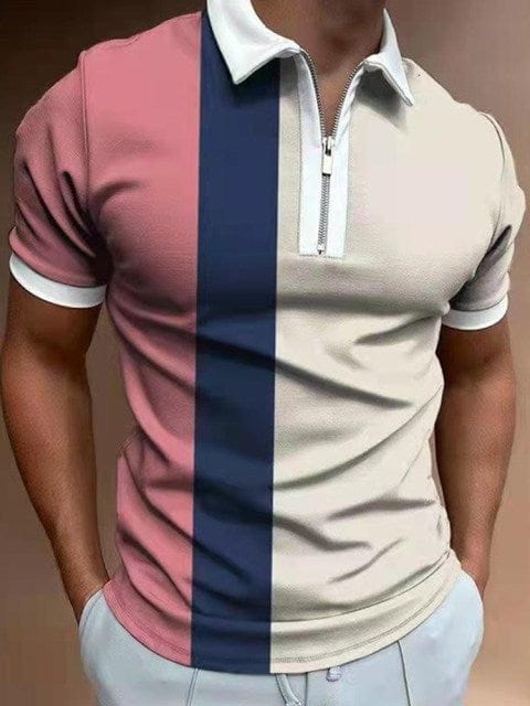 New Summer High Quality Men Polo Shirts High Street Print Casual Short Sleeve Mens Shirts Turn-Down Collar Zipper Polo Shirt Men