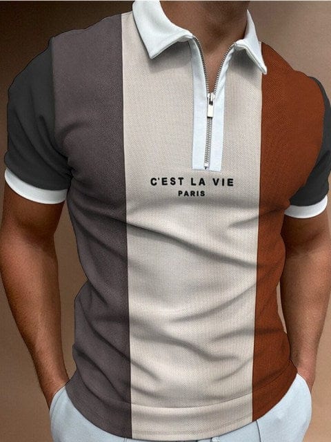 New Summer High Quality Men Polo Shirts High Street Print Casual Short Sleeve Mens Shirts Turn-Down Collar Zipper Polo Shirt Men