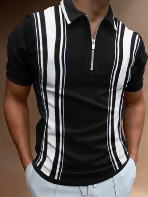 New Summer High Quality Men Polo Shirts High Street Print Casual Short Sleeve Mens Shirts Turn-Down Collar Zipper Polo Shirt Men