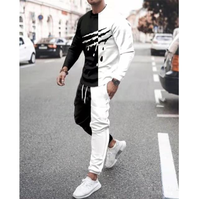 Spring Autumn Men's Set Casual Sportswear Fashion Male Running Suit Men Long-sleeved T-shirt+Sports Trousers 2-Piece Plus Size