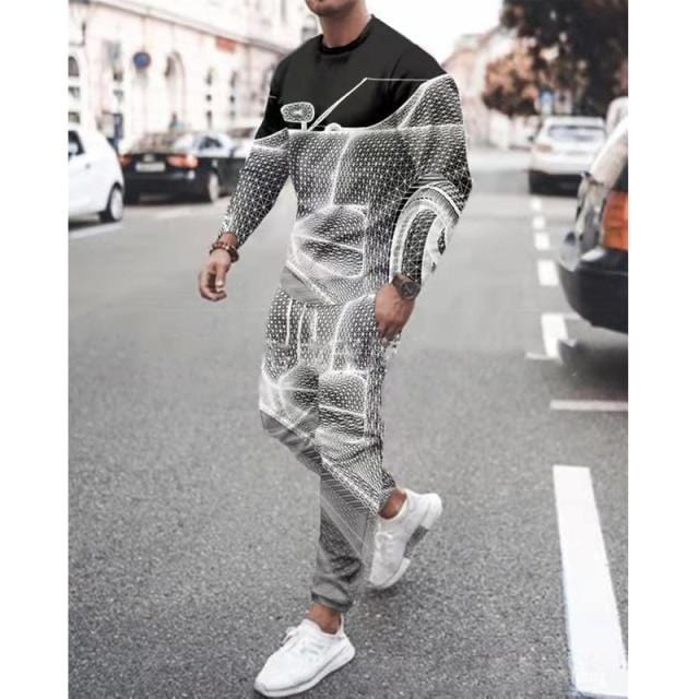 Spring Autumn Men's Set Casual Sportswear Fashion Male Running Suit Men Long-sleeved T-shirt+Sports Trousers 2-Piece Plus Size