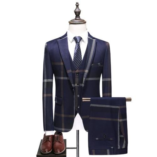 Men's Wedding Plaid Blue Gray Blazers Jacket Pants Vest 3 Pcs Set  202 Slim Fit Business Tuxedo Dress Classic Formal Suits Coat