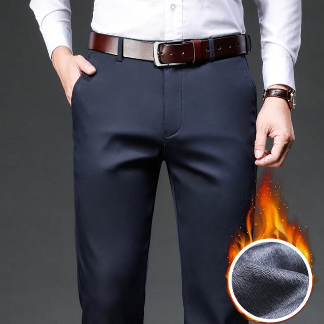 SHAN BAO  winter brand fleece thick warm fit straight trousers business casual men's high waist lyocell classic pants