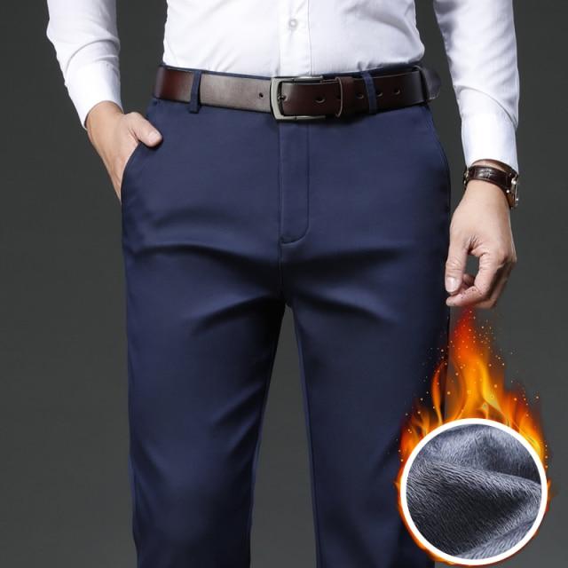 SHAN BAO  winter brand fleece thick warm fit straight trousers business casual men's high waist lyocell classic pants