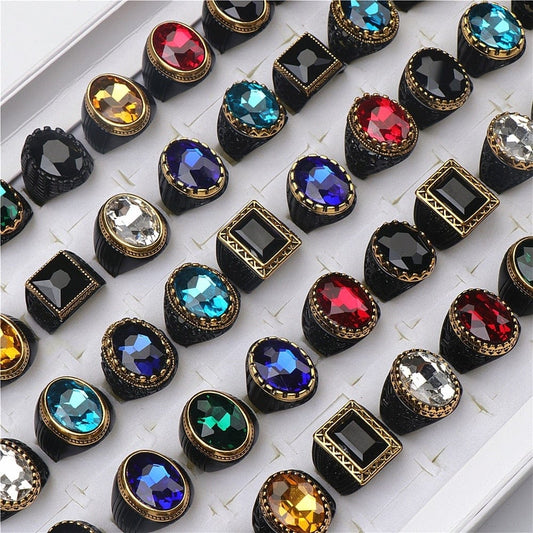 20pcs/lot Fashion Luxury Black Imitation Gemstone Metal Jewelry Rings For Women Men Mix Style Party Gifts Wholesale