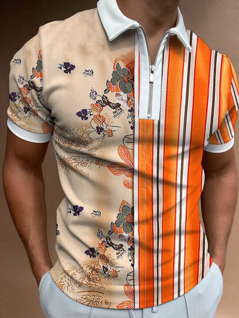 New Summer High Quality Men Polo Shirts High Street Print Casual Short Sleeve Mens Shirts Turn-Down Collar Zipper Polo Shirt Men