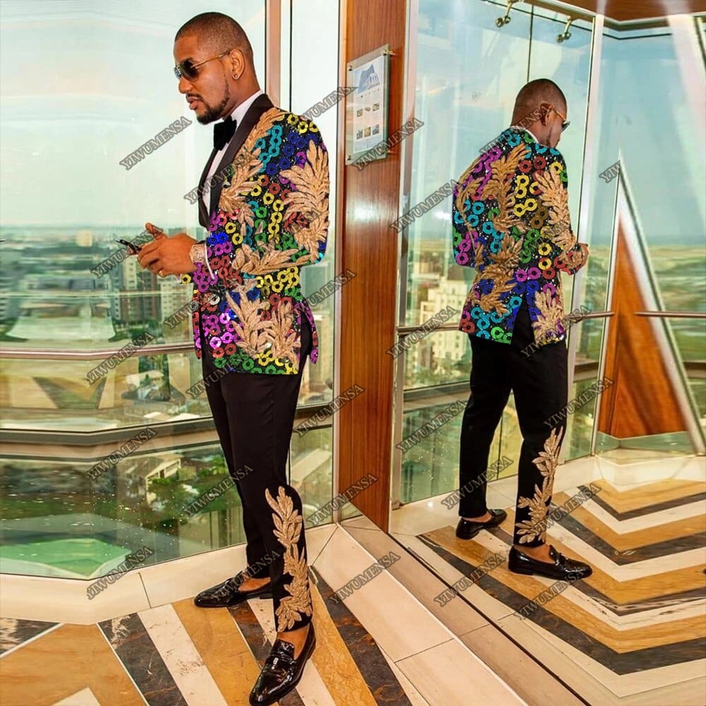 Shinny Sequins Men Suits For Wedding Tuxedos Groom Wear Blazer Black Peake Laple Colorful Jackets With Pants Smoking Man Suit