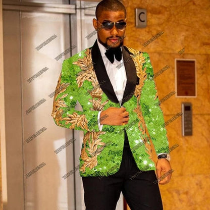 Shinny Sequins Men Suits For Wedding Tuxedos Groom Wear Blazer Black Peake Laple Colorful Jackets With Pants Smoking Man Suit