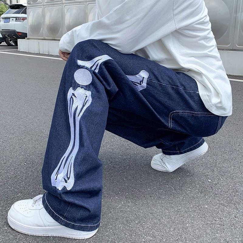 Men Jeans Skeleton Printed Oversized 5XL Straight Blue Jean Pants  Mopping Trousers Mens Streetwear Hip Hop Denim Pants