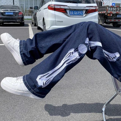 Blugi pentru bărbați, cu imprimeu schelet, pantaloni supradimensionați, 5XL, drepti, albaștri, pantaloni 2021, pantaloni de ștergere, pantaloni hip hop denim pentru bărbați
