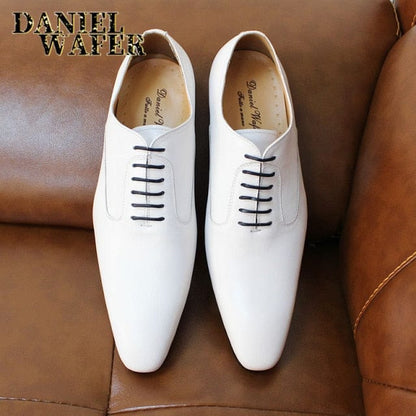 Luxury Brand Men Oxford Shoes White Black Brown Men Dress Office Wedding Formal shoes Lace up Pointed toe Leather Shoes Men