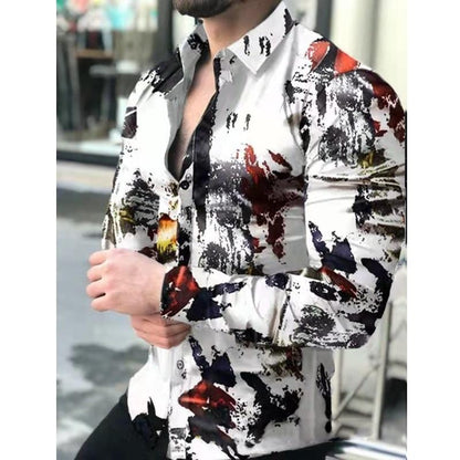 Men's Slim Shirt Autumn Casual Turn-down Collar Streetwear Fashion Together Printed Long Sleeve Oversize Shirt For Men Top