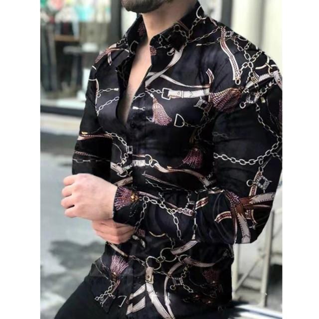 2021 Men's Slim Shirt Autumn Casual Turn-down Collar Streetwear Fashion Together Printed Long Sleeve Oversize Shirt For Men Top