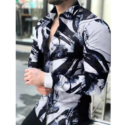 Men's Slim Shirt Autumn Casual Turn-down Collar Streetwear Fashion Together Printed Long Sleeve Oversize Shirt For Men Top