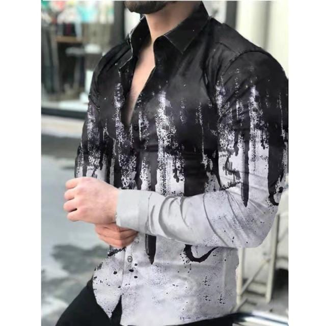 2021 Men's Slim Shirt Autumn Casual Turn-down Collar Streetwear Fashion Together Printed Long Sleeve Oversize Shirt For Men Top