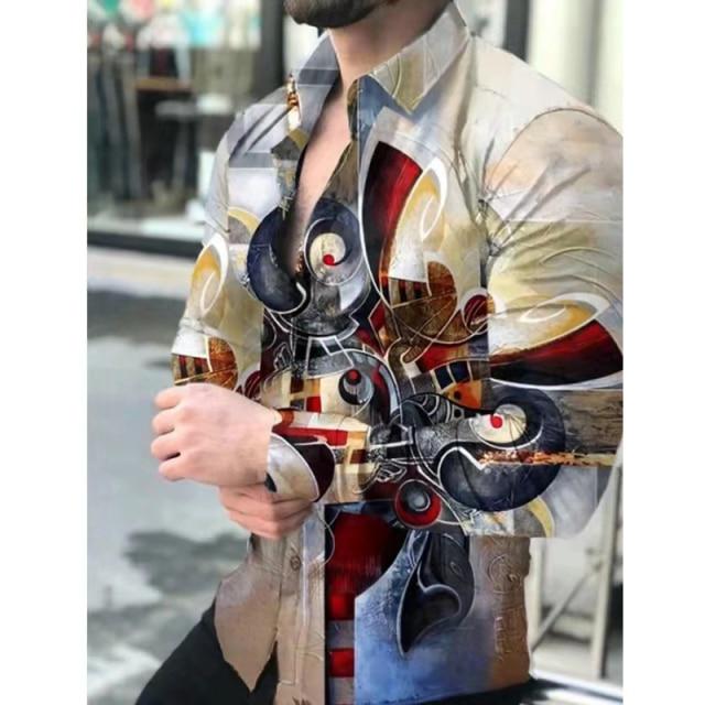 New Fashion Men Shirts Spring Autumn Long Sleeve Tops Turn-down Collar Buttoned Vintage Shirt For Mens Casual Printed Streetwear