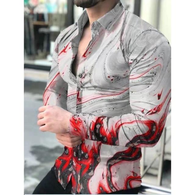 New Fashion Men Shirts Spring Autumn Long Sleeve Tops Turn-down Collar Buttoned Vintage Shirt For Mens Casual Printed Streetwear