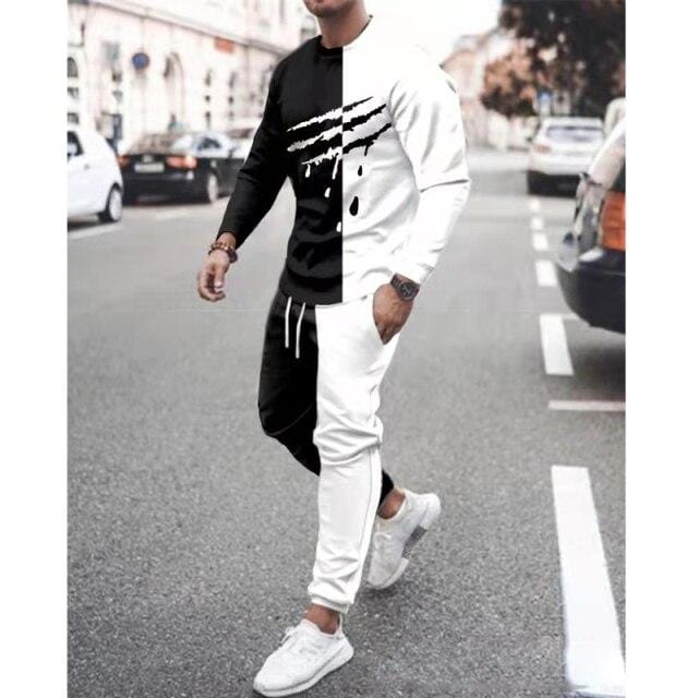 Spring Autumn Two-Piece Men Sport Suit T-Shirt Men's Fashion Print Hip Hop Streetwear Leisure Men's Sportswear Casual New