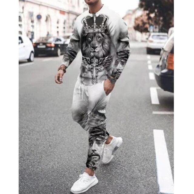 Spring Autumn Two-Piece Men Sport Suit T-Shirt Men's Fashion Print Hip Hop Streetwear Leisure Men's Sportswear Casual New
