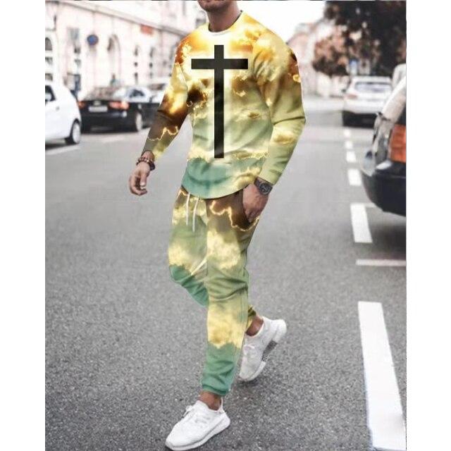 Spring Autumn Two-Piece Men Sport Suit T-Shirt Men's Fashion Print Hip Hop Streetwear Leisure Men's Sportswear Casual New