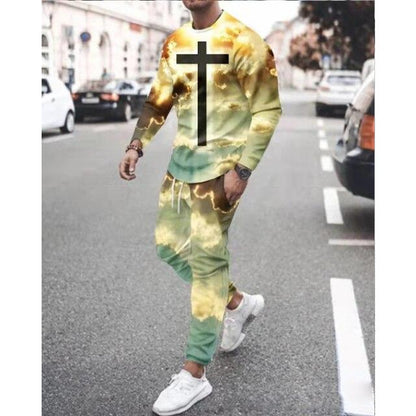 Spring Autumn Two-Piece Men Sport Suit T-Shirt Men's Fashion Print Hip Hop Streetwear Leisure Men's Sportswear Casual New