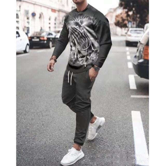 Men's Sportswear Two-Piece Men Sport Suit T-Shirt Men's Fashion Print Hip Hop Spring Autum Streetwear Leisure 2021 Casual New