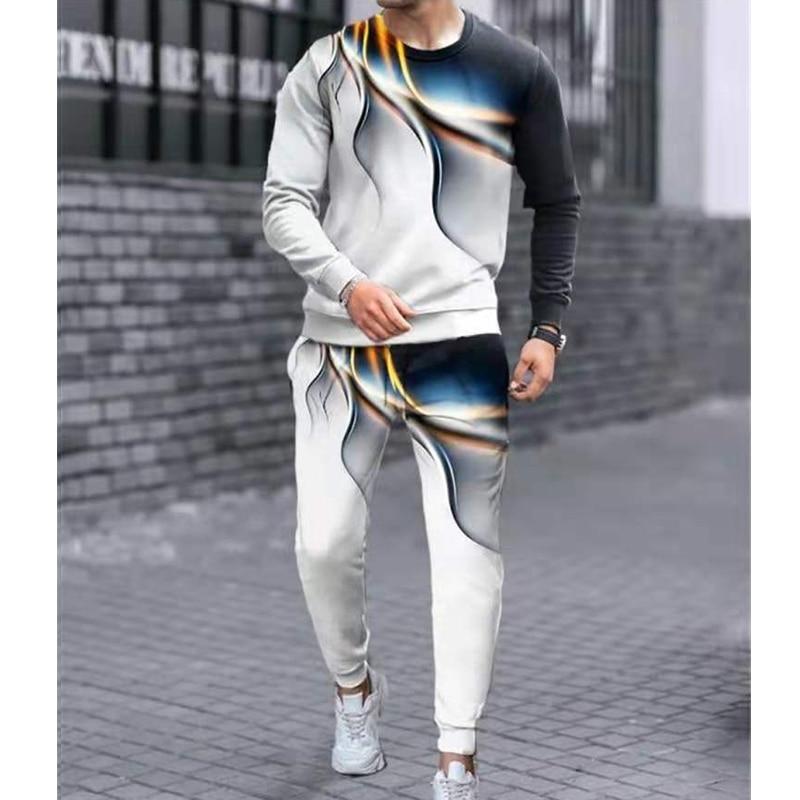 Spring Autumn New Men O-Neck Long Sleeve T-shirt+Trousers Sports Loose Two-piece Casual Suit 3D Glare Camouflage Printed Set