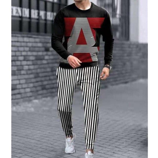 Spring Autumn New Men O-Neck Long Sleeve T-shirt+Trousers Sports Loose Two-piece Casual Suit 3D Glare Camouflage Printed Set