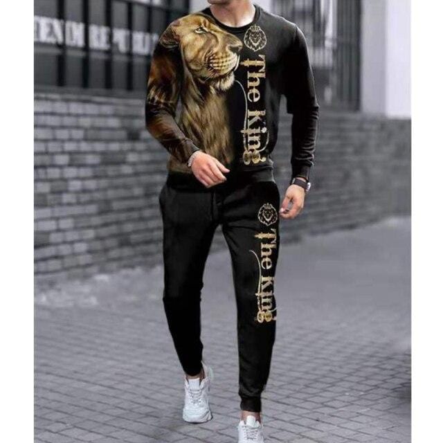 Spring Autumn New Men O-Neck Long Sleeve T-shirt+Trousers Sports Loose Two-piece Casual Suit 3D Glare Camouflage Printed Set