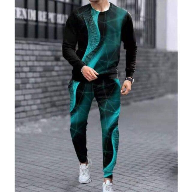 Spring Autumn New Men O-Neck Long Sleeve T-shirt+Trousers Sports Loose Two-piece Casual Suit 3D Glare Camouflage Printed Set